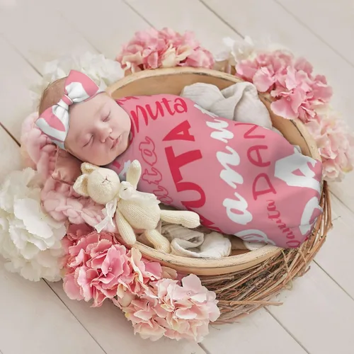 Vista 2 de Juego de manta personalizada para bebé con diadema acogedora y sombrero para niñas y niños recién nacidos, manta personalizada con nombre de bebé