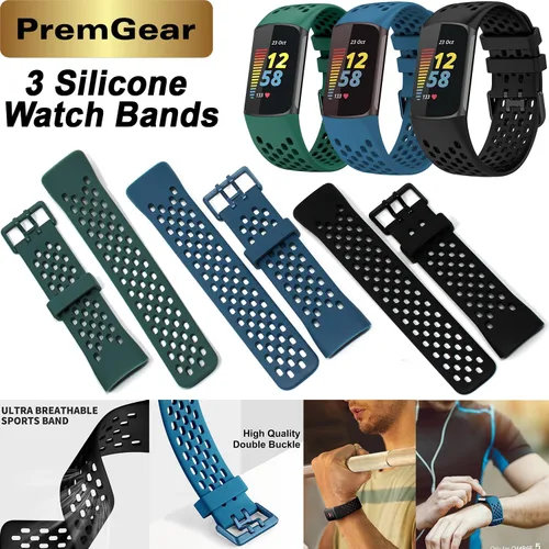 Vista 5 de Fitbit Charge 6 Fitness Tracker Watch con Google Apps (negro) Paquete con 3 correas de reloj cómodas de silicona PremGear 3, cable de carga de 3