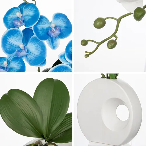 Vista 3 de Briful Flores de orquídea artificiales en jarrón de cerámica moderna de 40 cm de altura, arreglo de orquídea azul falsa de seda, flor de orquídea