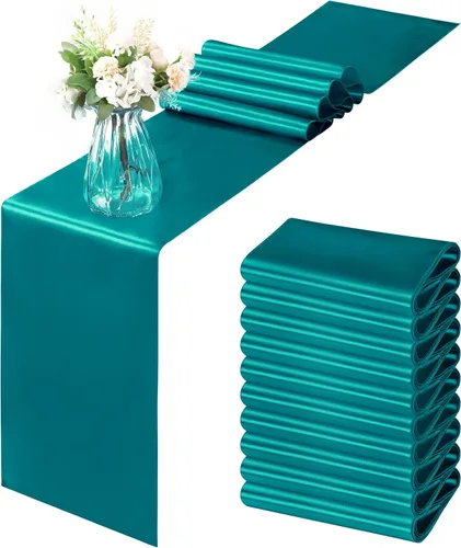 Vista 46 de Horbaunal - Juego de 12 caminos de mesa de satén azul claro de 12 x 108 pulgadas, caminos de mesa suaves para bodas, banquetes, fiestas de cumpleaños