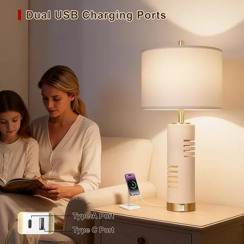 Vista 4 de KIVDITZO Juego de 2 lámparas de mesa de piedra sintética de 27.5 pulgadas, lámparas para sala de estar con luz nocturna, puertos USB A+C, modernas