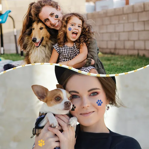 Vista 6 de 30 hojas de 240 tatuajes temporales con purpurina de pata de perro, tatuajes faciales con estampado de patas, tatuajes corporales de pata de perro