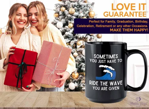 Vista 6 de Taza de café de surf de 15 onzas, color negro, paseo la ola, regalos para entusiastas del surf, deportes acuáticos, tabla de surf, atletismo