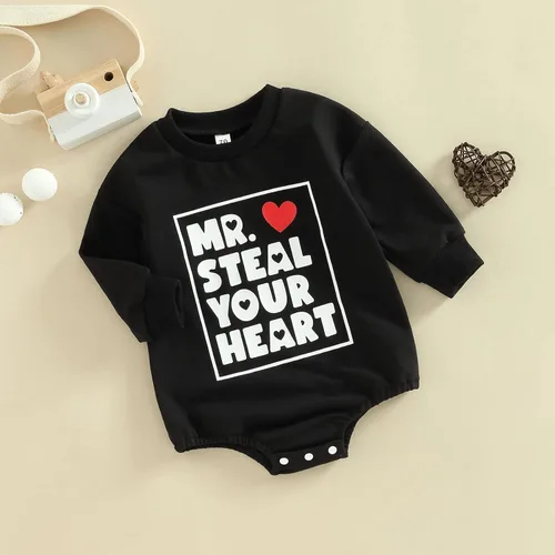 Vista 15 de SOLILOQUY Traje de manga larga con cuello redondo para el primer día de San Valentín para bebé niño y niña, mameluco de corazón de amor