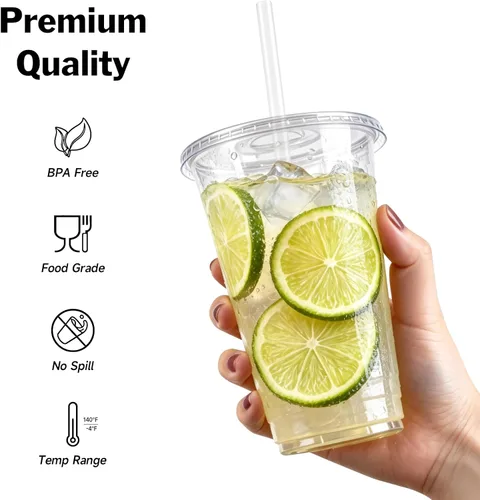 Vista 3 de Paquete de 100 vasos de 16 onzas con tapas y pajitas, vasos de plástico desechables con tapas, sin BPA, perfectos para café helado, frappes, batidos