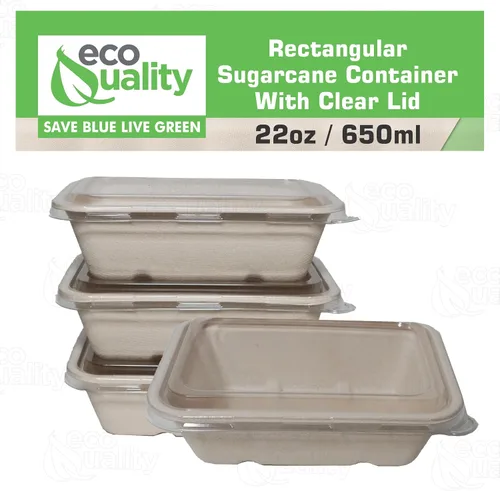 Vista 5 de EcoQuality Cuencos desechables de 22 onzas con tapas transparentes, cuencos rectangulares de papel biodegradable de fibra de caña de azúcar