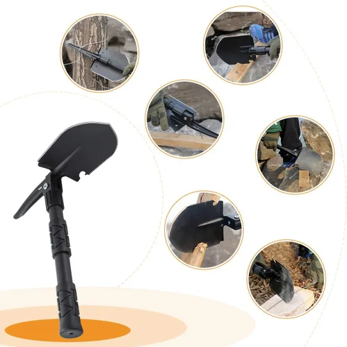 Vista 7 de OKOOLCAMP - Pala plegable para campamento, multiherramienta, pala militar, de acero de aleación, resistente, para supervivencia, para automóvil
