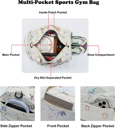 Vista 3 de Pequeña bolsa de gimnasio para mujer, bonita bolsa de viaje deportiva con compartimento para zapatos y bolsillo húmedo, bolsa de mano para el fin