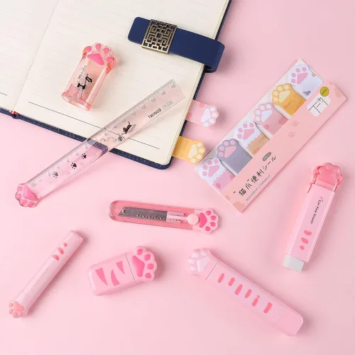 Vista 6 de Juego de 8 piezas de artículos de papelería lindos de patitas de gato, suministros escolares kawaii que incluyen sacapuntas, borrador retráctil