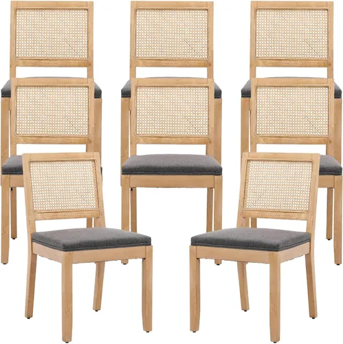 Vista 24 de ODUSE-DAILY Juego de 2 sillas de comedor French Country color beige, sillas de comedor de madera bohemia con respaldo tejido y asiento tapizado