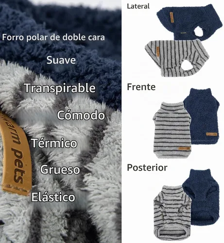 Vista 5 de Fitwarm 2 Pack Suéter de forro polar a rayas para perro, ropa de invierno cálida para perros pequeños, niño o niña, atuendo de peluche para Azul-Gris
