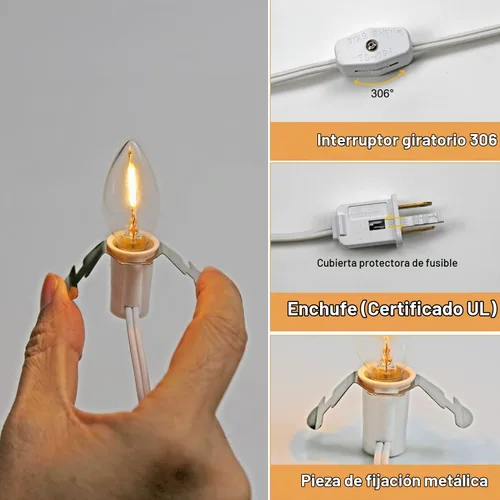 Vista 3 de KGC Cable de Accesorios C7 con 2 Bombillas LED C7 Base Candelabro E12 con Casquillo, Cable Blanco con Interruptor de Encendido/Apagado y Enchufes
