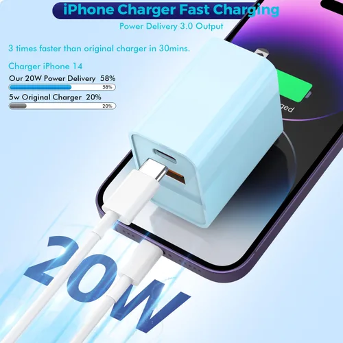 Vista 2 de Bloque de carga para iPhone 16/15, bloque de carga USB C [paquete de 2] 20 W de doble puerto PD rápido USB C adaptador de cargador de pared USB A