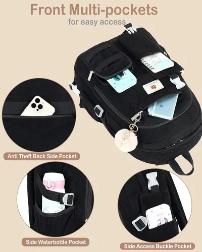 Vista 4 de Hidds Mochila escolar para adolescentes, niñas, mujeres, 15.6 pulgadas, mochila universitaria, bolsa de trabajo de pana, mochila de trabajo