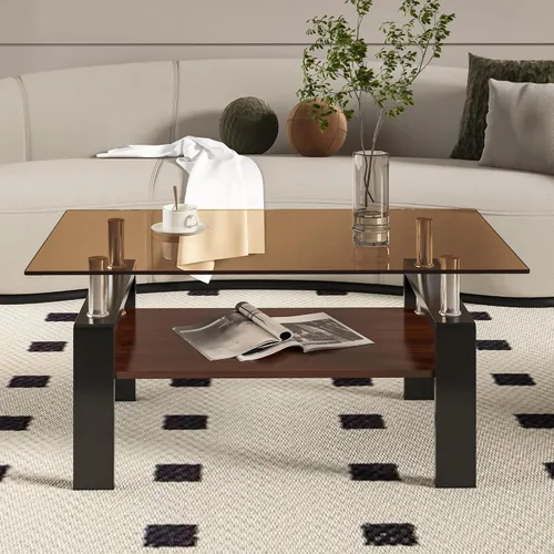 Vista 22 de Mesa de centro rectangular de vidrio para sala de estar, con mesa de vidrio templado y capa de MDF, para sala de estar y oficina