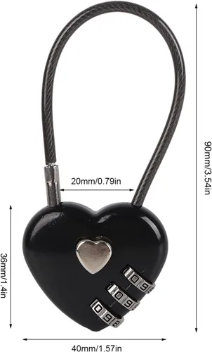 Vista 2 de Cerradura de código en forma de corazón negro, tamaño mini compacto con combinación de código de 3 dígitos para equipaje, mochila, joyero, candados