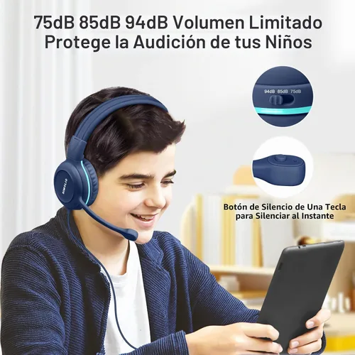 Vista 3 de SIMOLIO - Auriculares con cable para la escuela con micrófono, auriculares estéreo para niños con micrófono giratorio flexible para estudiantes K12