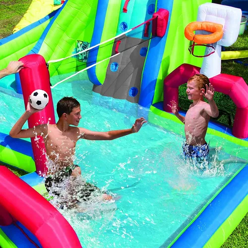 Vista 6 de BANZAI Parque acuático inflable con tobogán y piscina 180 x 156 x 96 pulgadas, vinilo Dura-Tech, pared de escalada, aro de baloncesto y porterías