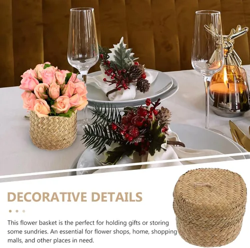 Vista 8 de Zerodeko Cesta de pastos marinos con tapa, cesta de flores tejida a mano con tapa, estante de mimbre, caja de almacenamiento pequeña, caja de regalo