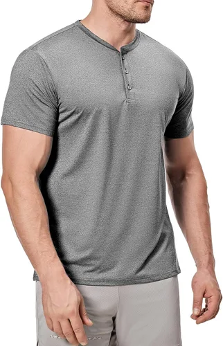 Vista 2 de Camiseta Henley para hombre, de 3 botones, ajustada, de secado rápido, manga larga, ligera, casual, básica, Gris