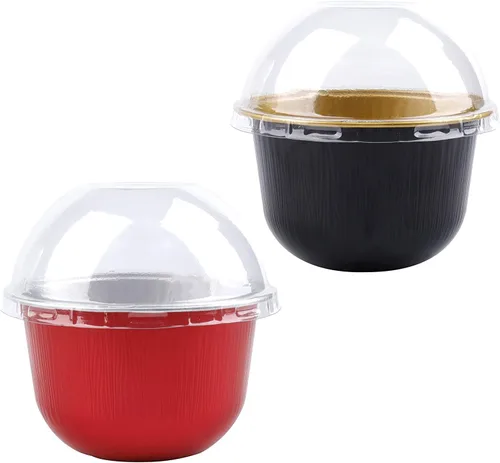 Vista 3 de Hacaroa 100 tazas de papel de aluminio para hornear con tapas de cúpula, forros desechables para cupcakes de 6 onzas, recipientes reutilizables