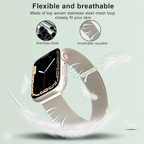 Vista 3 de Marge Plus Correa de malla de acero inoxidable cierre magnético para Apple Watch 7/6/5/4/3/2/1/SE de 1.5"/1.58"/1.61"/1.65"/1.73"/1.77" para A- Luz