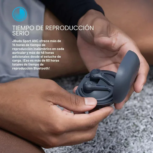 Vista 4 de JLab JBuds Sport ANC 4 True Wireless Bluetooth Audífonos + Estuche de Carga, Grafito, Controles de Deslize + Toque, Cancelación Activa de Ruido