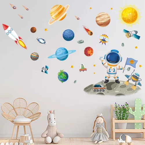 Vista 4 de Calcomanías de Pared de Astronauta del Espacio Exterior - Calcomanías de Pared de Cohete de Planetas para Niños - Decoración de Pared