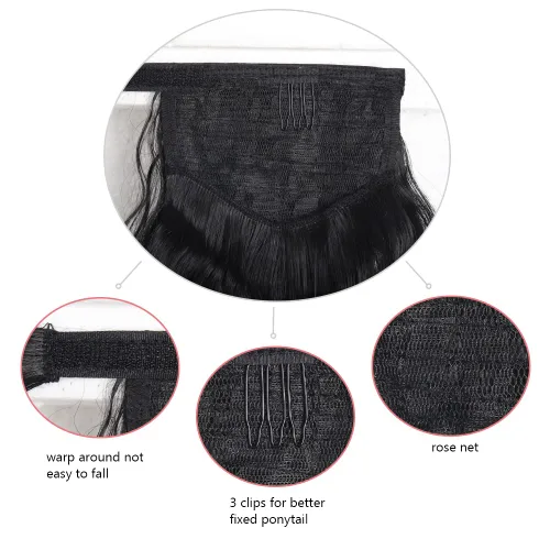 Vista 6 de Extensiones de cola de caballo negras, colas de caballo rizadas con clip, 22 pulgadas, 3.5 onzas, extensión de cabello sintético envolvente del pelo