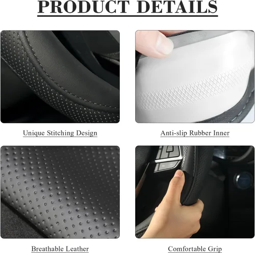 Vista 4 de KAFEEK - Funda para volante, universal de 15 pulgadas, cuero de microfibra, antideslizante, sin olor, con líneas negras