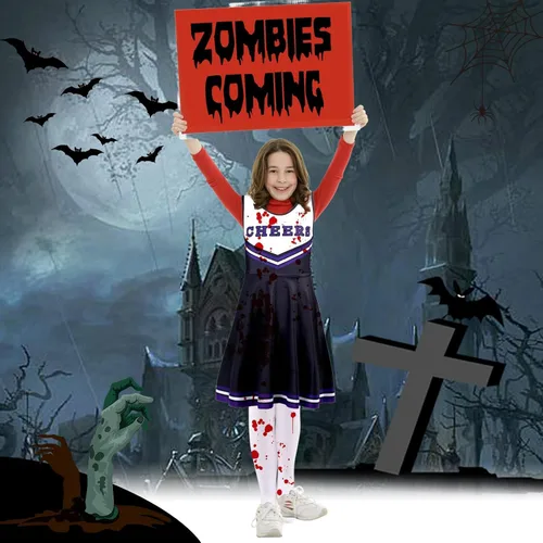 Vista 8 de El juego de 5 piezas de disfraz de animadora zombi incluye vestido, pantimedias, pompones, calcomanías, gel de sangre falsa para niñas, disfraz