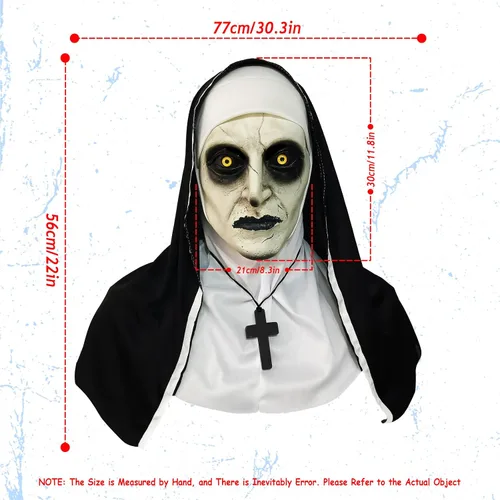 Vista 2 de Máscara de terror de monja 2024, máscara de disfraz de cabeza completa con collar de cruz para fiesta de Halloween