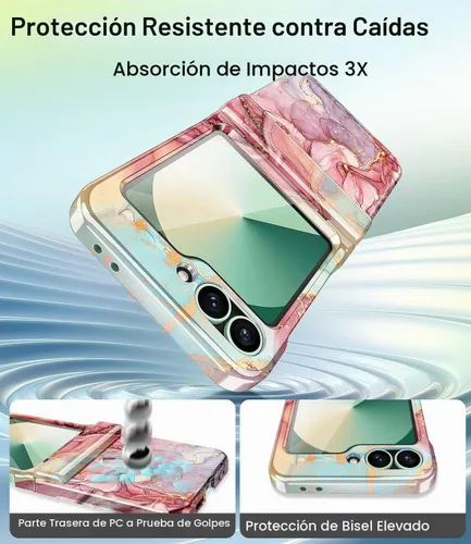 Vista 4 de Btscase Funda para Samsung Galaxy Z Flip 6, protector de pantalla frontal integrado, patrón de mármol dorado con purpurina de policarbonato duro