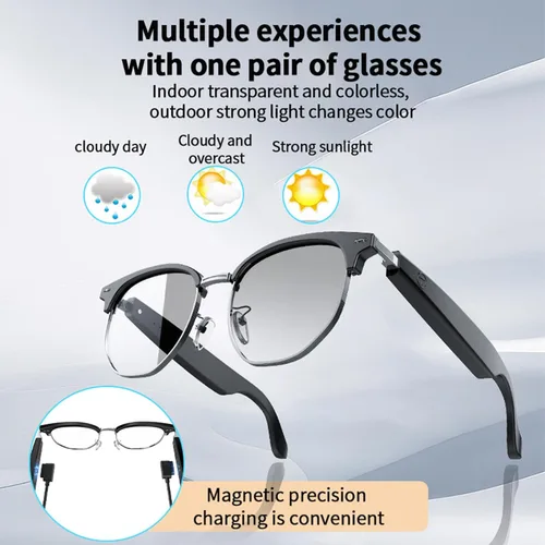 Vista 9 de PUSOKEI Gafas inteligentes, gafas de sol de audio, micrófono y altavoz integrados, protección U V00, auriculares de oído abierto, control táctil