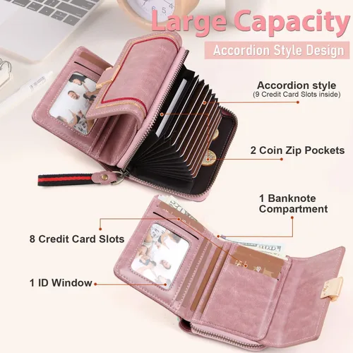 Vista 2 de GSG Cartera para mujer Cartera pequeña para mujer, tarjetero retro plegable para mujer, cartera compacta de cuero acordeón con bloqueo RFID