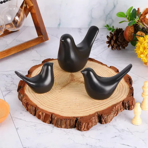 Vista 5 de Irenare Juego de 3 figuras decorativas de pájaro, estatua de pájaro de cerámica, pequeñas figuras modernas, decoración del hogar, adornos Negro