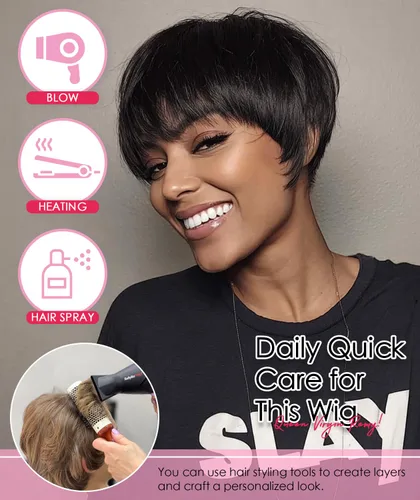 Vista 3 de QUEEN VIRGIN REMY QVR - Peluca de cabello humano con corte Pixie con flequillo, pelucas cortas para mujeres negras, cabello humano de diferentes