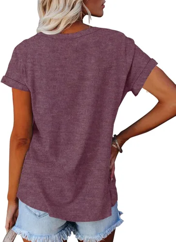Vista 2 de APOFER Women's Casual Short Sleeve T-Shirts Crew Neck Tunic Basic Summer Tops Henry Shirt