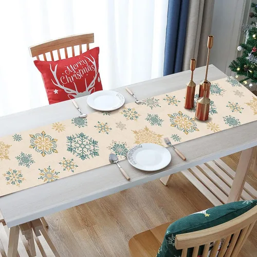 Vista 3 de Seliem Camino de Mesa de Copos de Nieve de Invierno, Bufanda de Mesa Dorada y Azul para Cocina y Hogar, Decoración Festiva de Navidad, Decoraciones