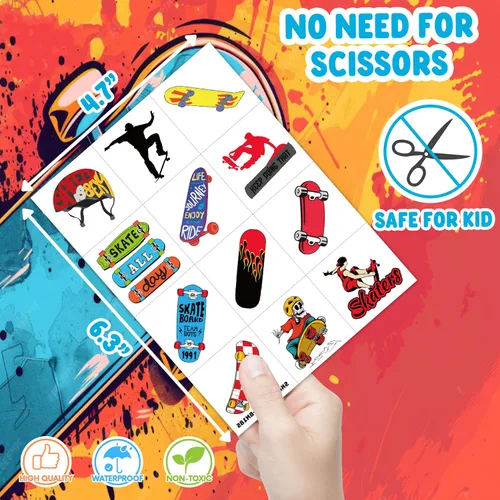 Vista 4 de 96 tatuajes temporales precortados para patineta, decoraciones de fiesta de cumpleaños con temática de patinaje, divertidas calcomanías para niños