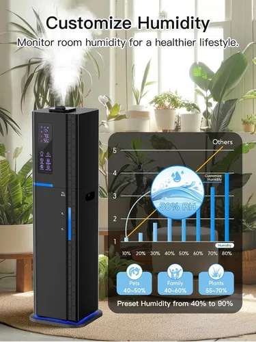 Vista 8 de Humidificador de 10L/2.64Gal, Humidificador Ultrasónico de Niebla Fría y Silencioso de Llenado Superior para Dormitorio, Cubre 550 pies², Tiempo