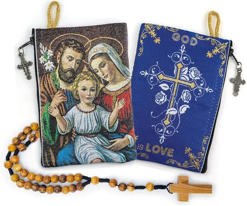 Vista 10 de Bolsa de rosario con cuerda católica de madera de olivo, rosario de Israel, Jesús Rey del Universo y creo en Dios, tela tejida, estilo tapiz, bolsa