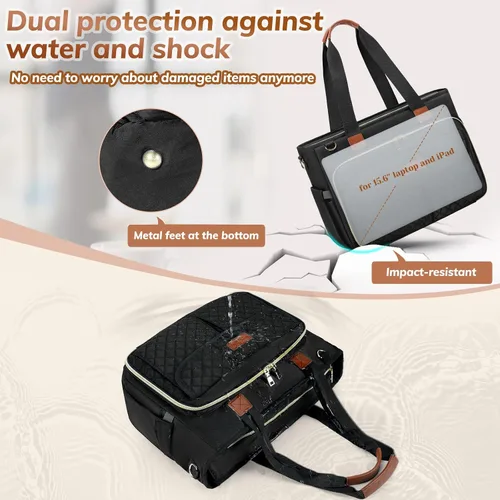 Vista 5 de Bolso de lona para laptop RAINSMORE para profesoras, bolsas de trabajo para mujer, bolso de 15.6 pulgadas con gran portavasos para enfermeras, bolso