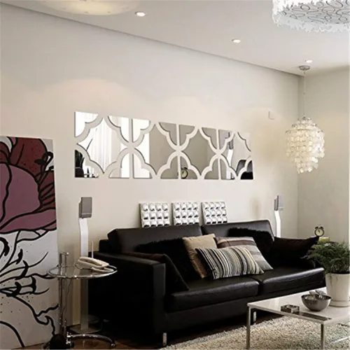 Vista 6 de Adhesivos de pared de espejo 3D, 4 piezas de calcomanías de pared de arte de cristal acrílico, autoadhesivas, espejo extraíble, azulejos de pared