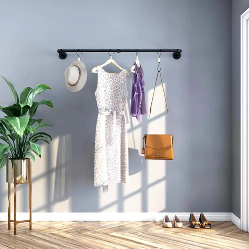 Vista 2 de SERENITA Perchero industrial para ropa de tubería de 37 "resistente de hierro negro para ropa, barras de barra para colgar ropa. Montado en la pared