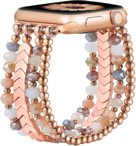 Vista 8 de fastgo - Correa de pulsera con cuentas compatible con Apple Watch de 45mm/44mm/42mm/49mm, para mujer, serie 7, correa elástica de moda para iWatch