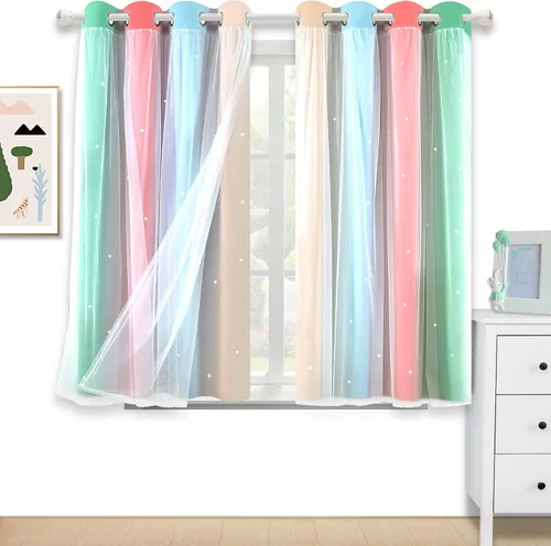 Vista 28 de Cortinas de rayas de estrellas para dormitorio de niñas, cortinas huecas para ventana, cortinas de ventana con ojales, cortinas coloridas degradadas