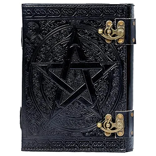Vista 5 de QualityArt 10" Fat Leather Journal Large 600 Pages Black Pentacle Grimoire Book of Shadow Leather Notebook Journal Blank Handmade Book Sketchbook