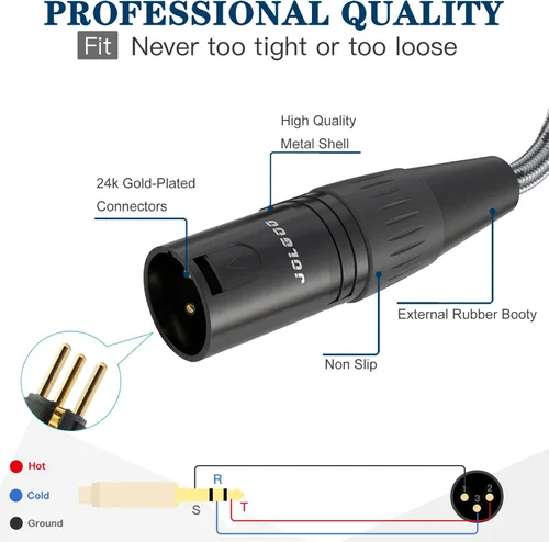 Vista 4 de JOLGOO Cable adaptador TRS a XLR macho de 1/4 de pulgada, enchufe TRS equilibrado de 0.250 in a macho XLR de 3 pines, cable de micrófono TRS macho