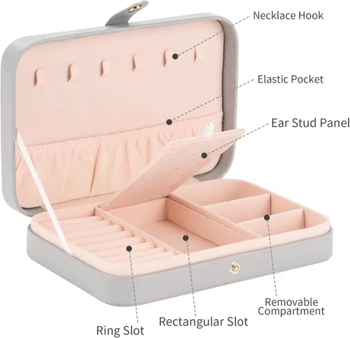 Vista 5 de Smileshe Joyero para mujeres y niñas, estuche organizador de viaje pequeño de piel sintética, cajas de almacenamiento portátil para anillos, aretes